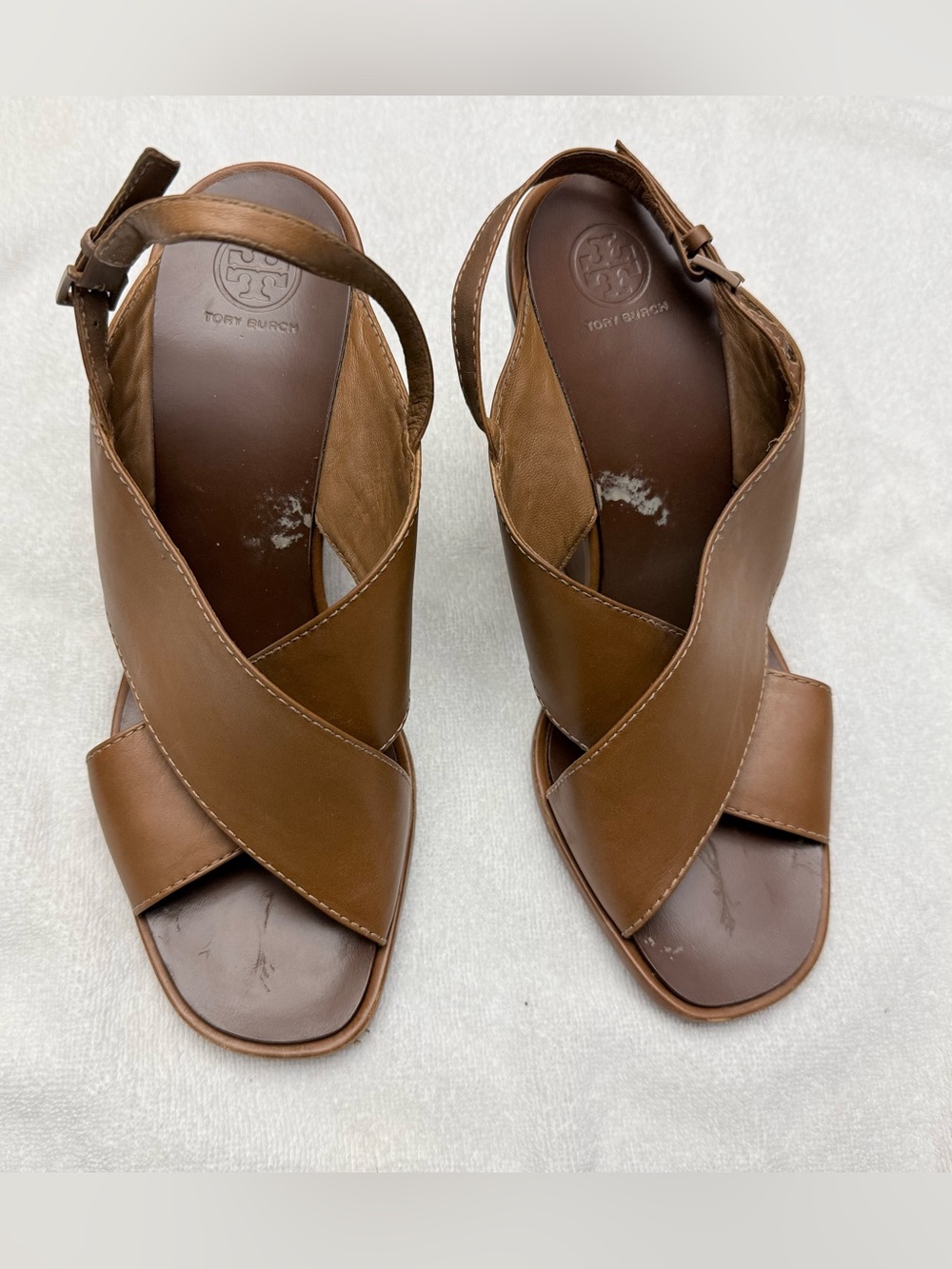 Tory Burch Tan Brown Leather Crisscross Slingback 5” wedge Sandals